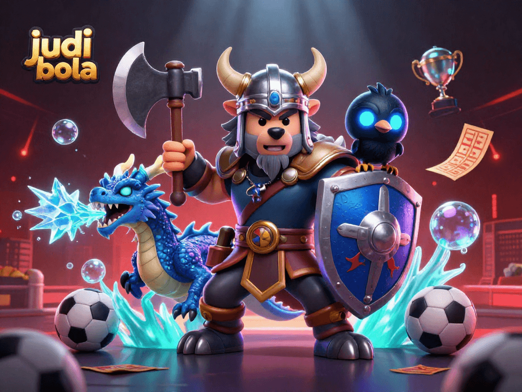 Bettors celebrate as judi bola action unfolds with dynamic sports elements and vibrant characters at an online betting venue.