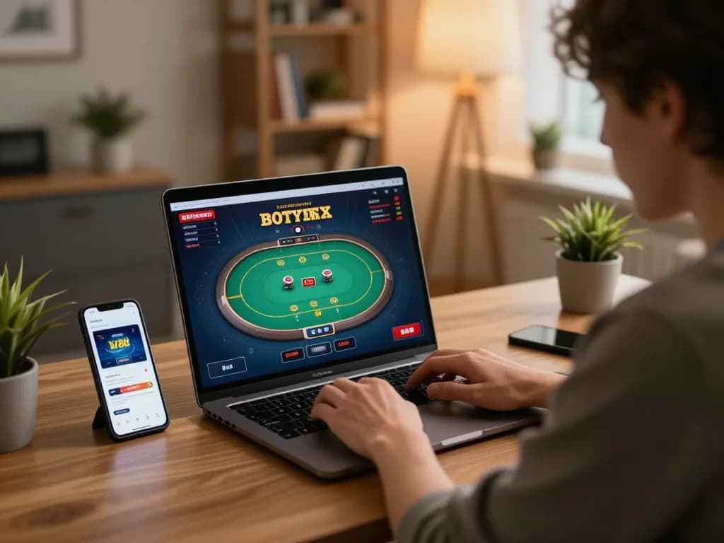 LV88 player strategizing during online poker session at home with laptop and smartphone