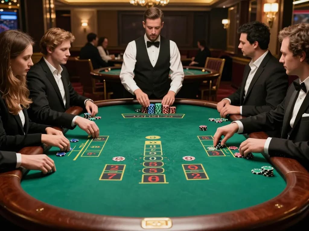 8kbet players strategizing at a vibrant blackjack table in a luxurious casino