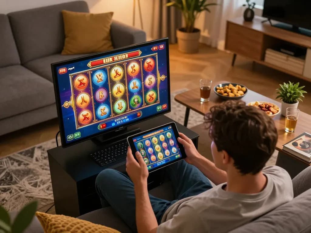 Engaging in slot gacor saat ini gameplay on a tablet in a cozy living room setting, showcasing vibrant graphics.