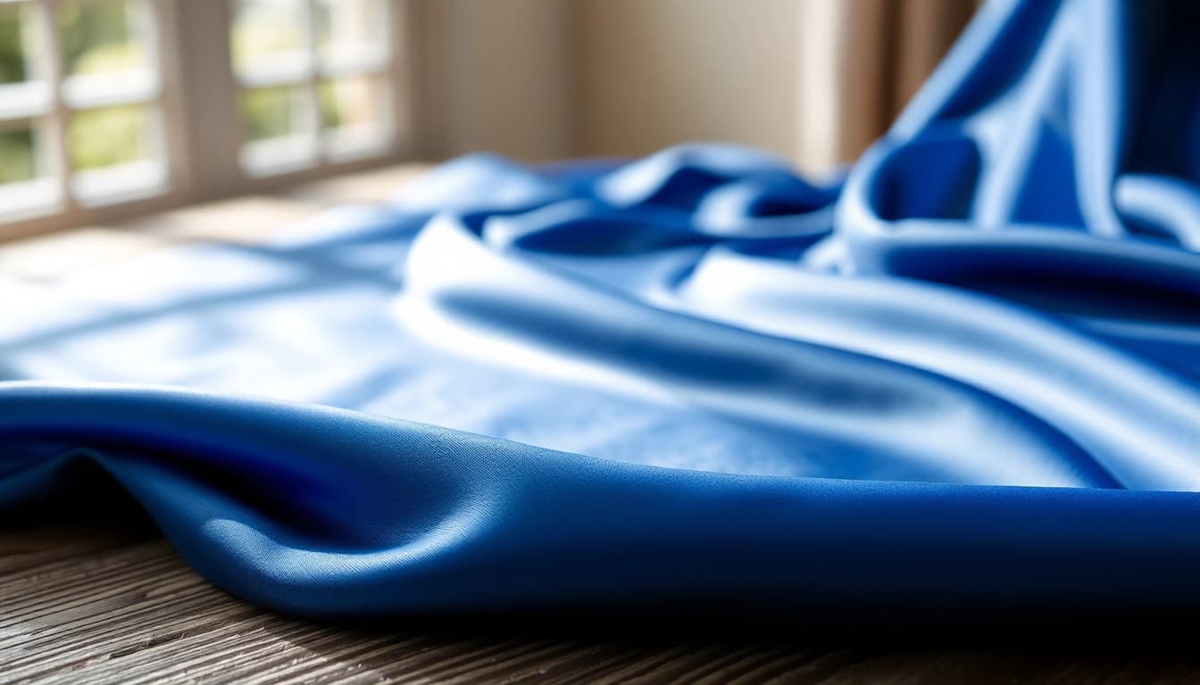 Satijn stof met glanzende textuur en rijke kleuren op een houten achtergrond.