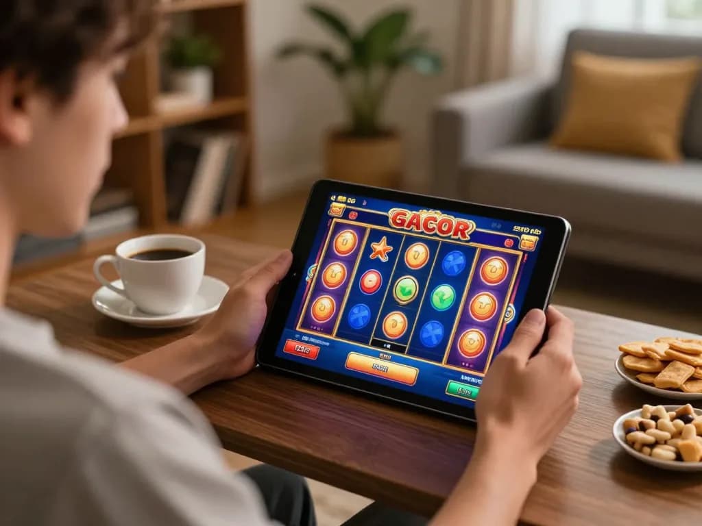 Terlibat dalam permainan slot gacor online di tablet dalam suasana rumah yang nyaman