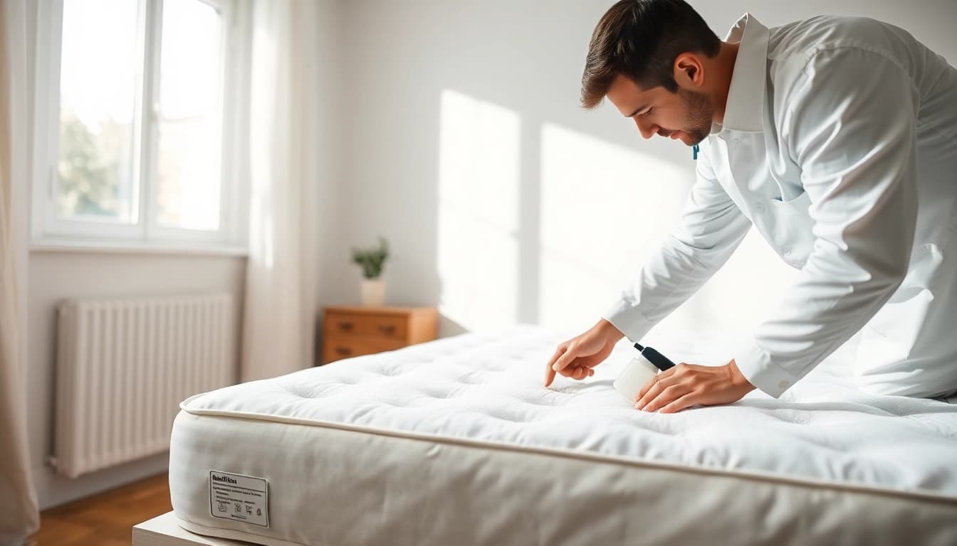 Technician applying bed bug chemical treatment in a bedroom for effective pest control.