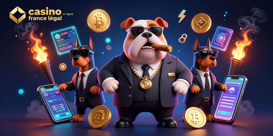 Illustration dynamique de casino en ligne France légal avec un bulldog mafieux et des Dobermans, entouré de cryptomonnaies.