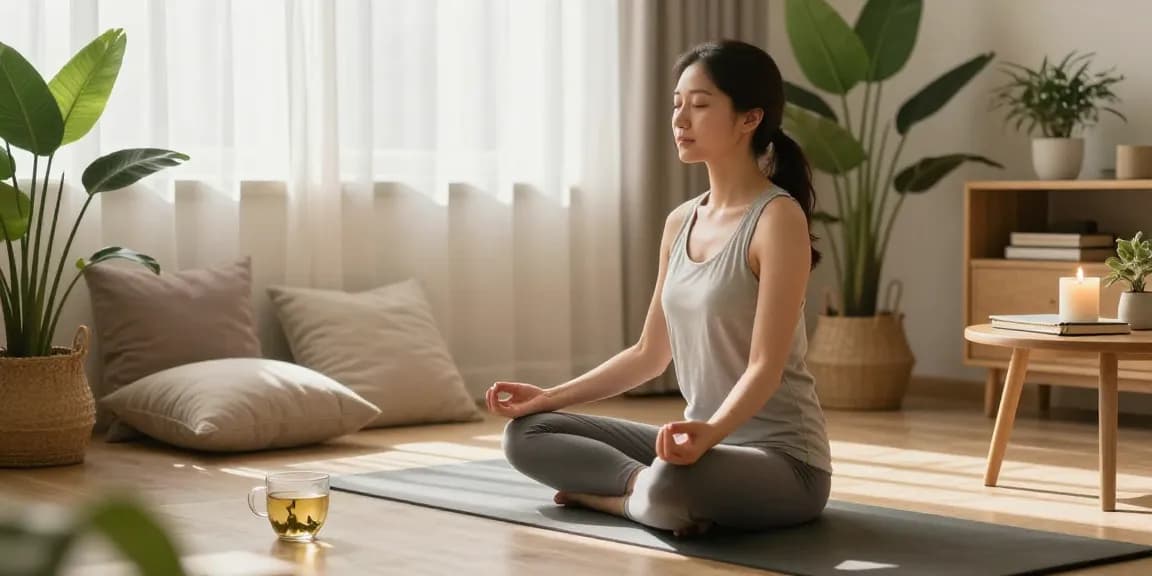 Mindfulness practice at rokok88 Wellness Hub with a woman meditating in a serene home setting, promoting relaxation and self-care.
