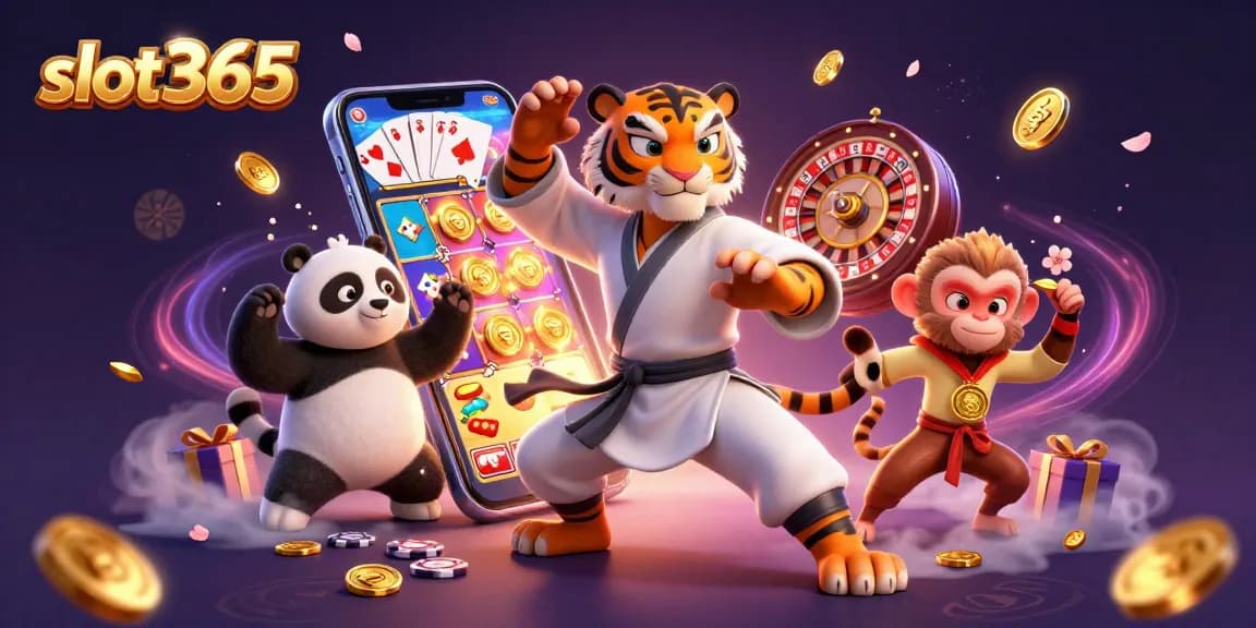 Engage with slot365 featuring a kung fu tiger master, playful panda disciple, and a mischievous monkey within a vibrant casino setting.
