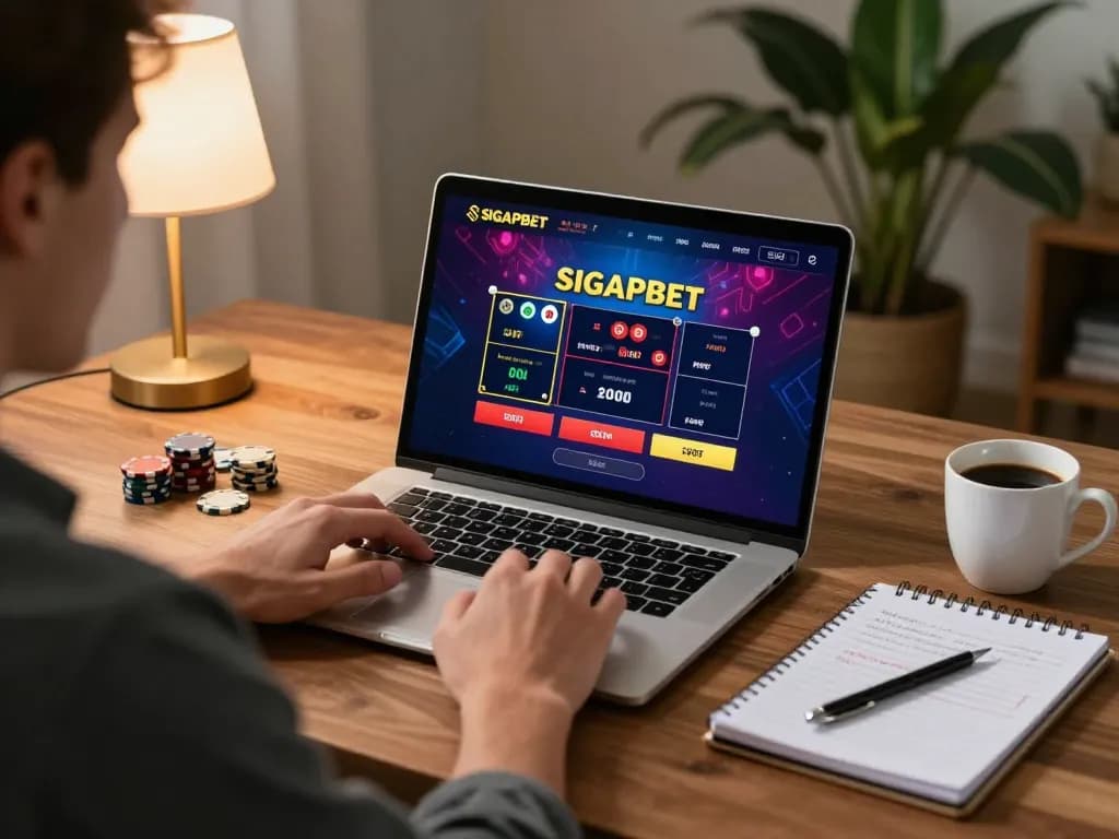 SIGAPBET player enjoying online gaming session at home with laptop and strategy notes.