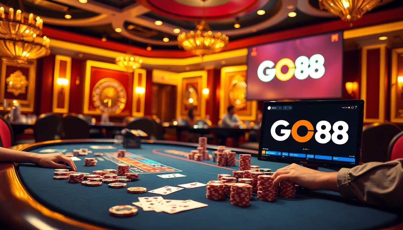 https://taigo88.team/ Casino scene showcasing poker excitement with chips and players in a luxurious setting.