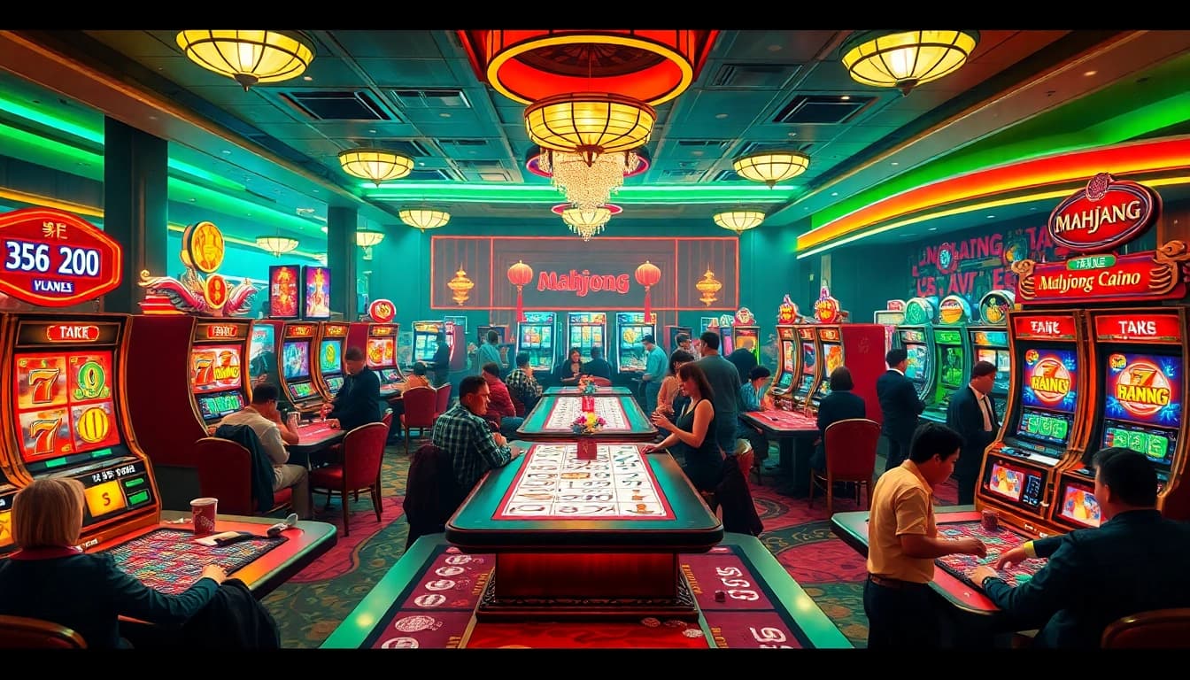 Experience the exciting gameplay of the mahjong slot demo at a vibrant casino with engaging players and colorful machines.
