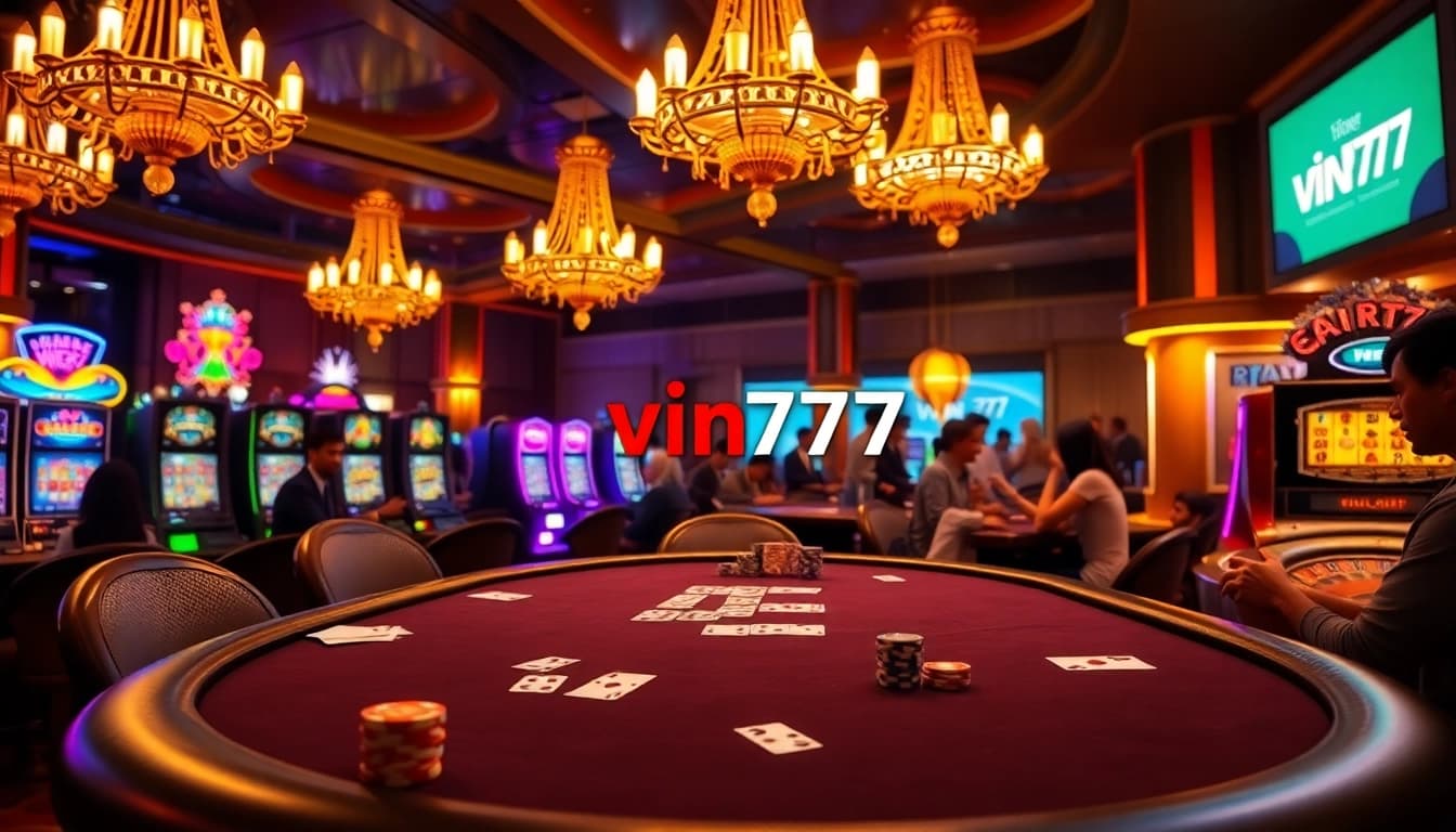 vin777 casino scene with lively poker table, vibrant slot machines, and luxurious ambiance