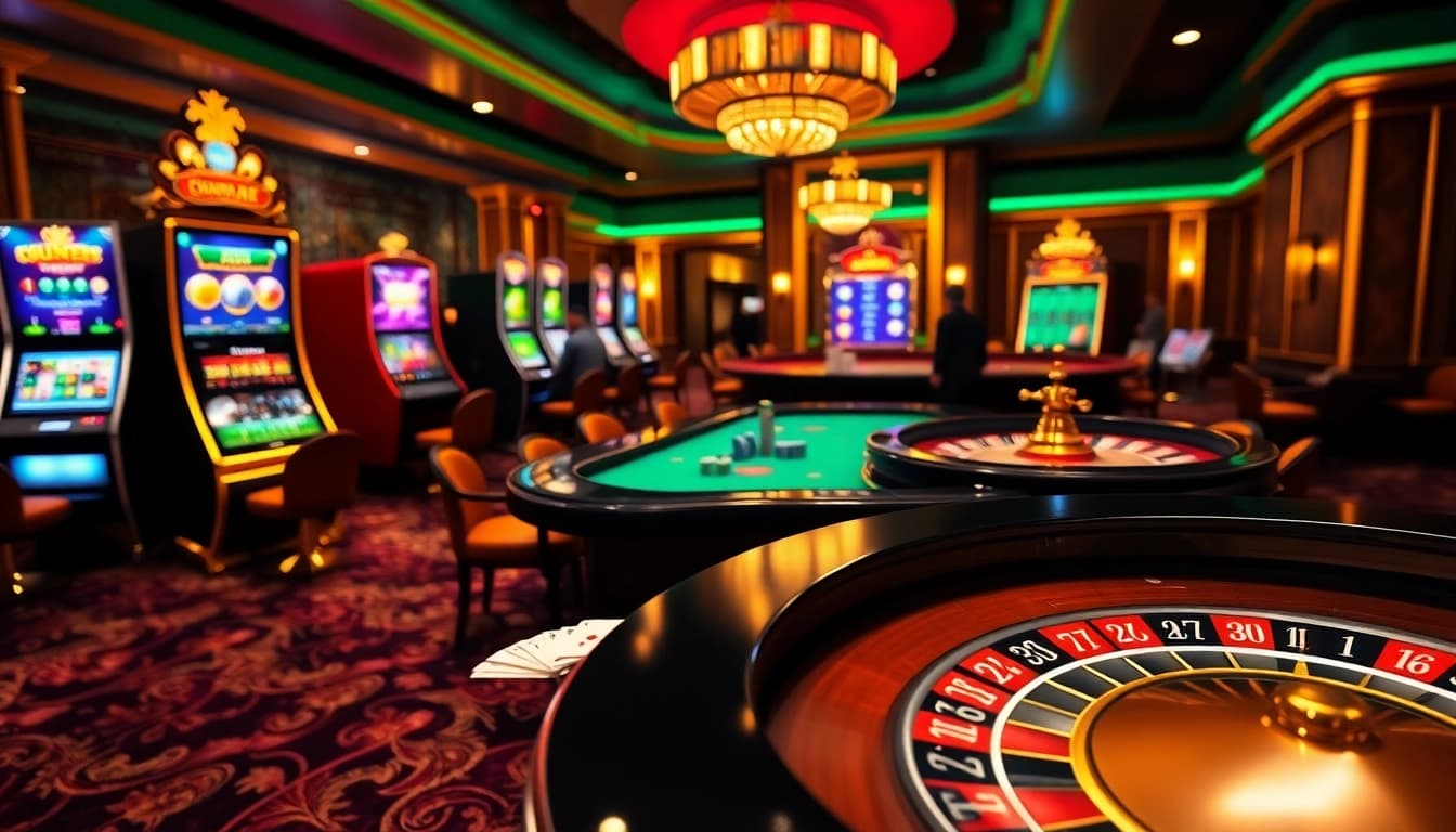Une scène de jeu excitante présentant le casino en ligne argent réel France avec des tables, des cartes et des machines à sous.