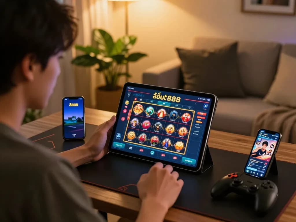 Player engaging with สล็อต888 on a tablet, enjoying a cozy home gaming atmosphere with stylish decor