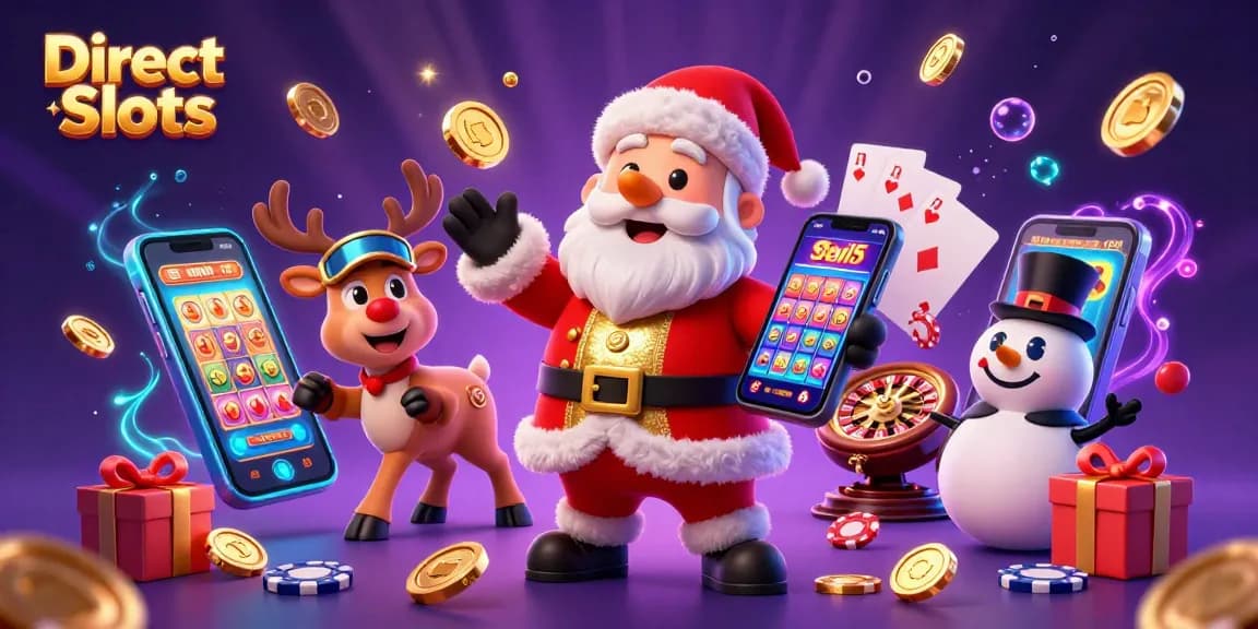 Engage with Direct Web Slots as Santa Claus, a reindeer dealer, and a poker chip snowman celebrate wins in a vibrant casino scene.