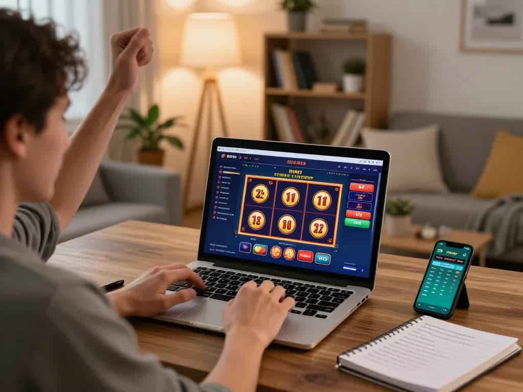 Playing at online casinos in Canada reddit, a player celebrates a big win on their laptop.