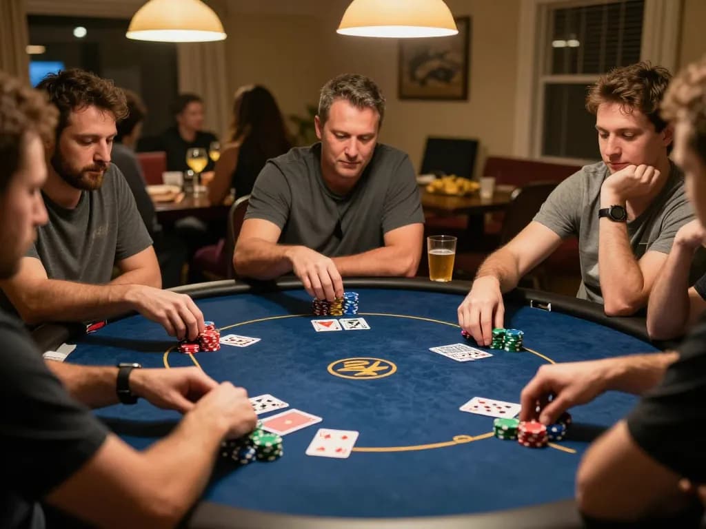 Engaging home poker night showcasing a strategic Texas Hold'em game, featuring vibrant chips to represent tor browser official wiki insights on responsible gambling.