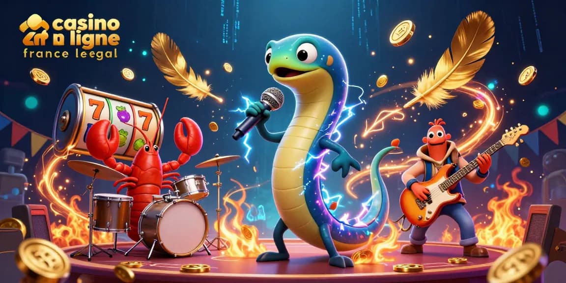 Illustration dynamique dans un casino en ligne légal en France, mettant en avant des jeux et personnages captivants.