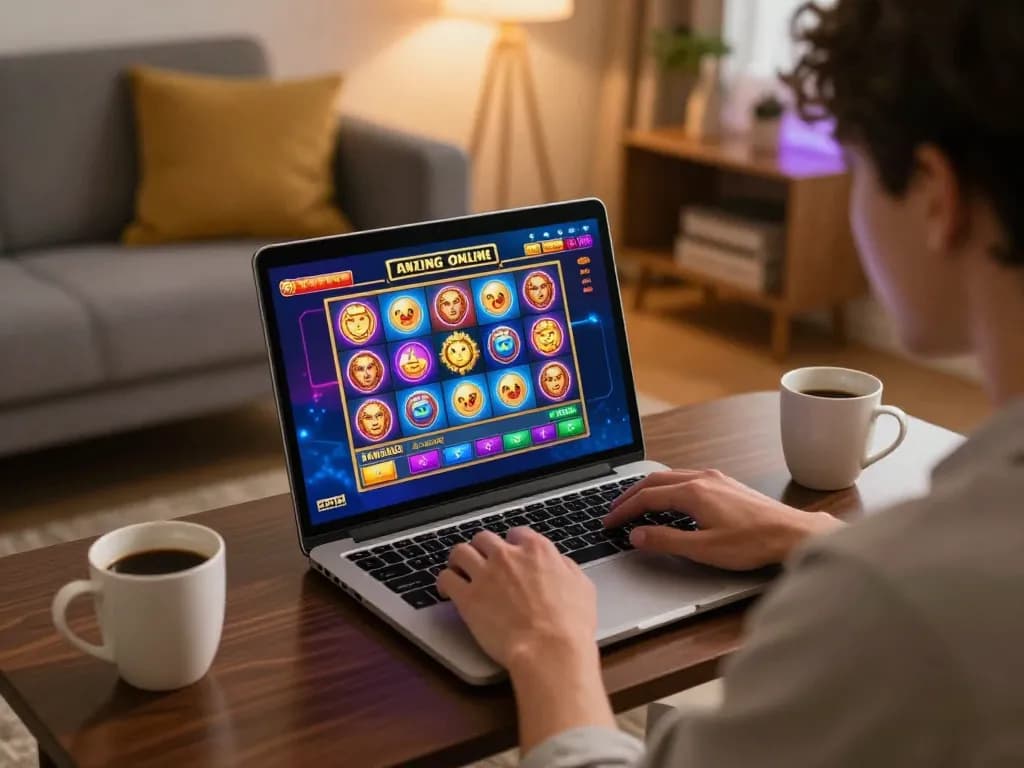 Player spinning virtual slot machines on a laptop in a cozy home setting, enjoying online gaming.