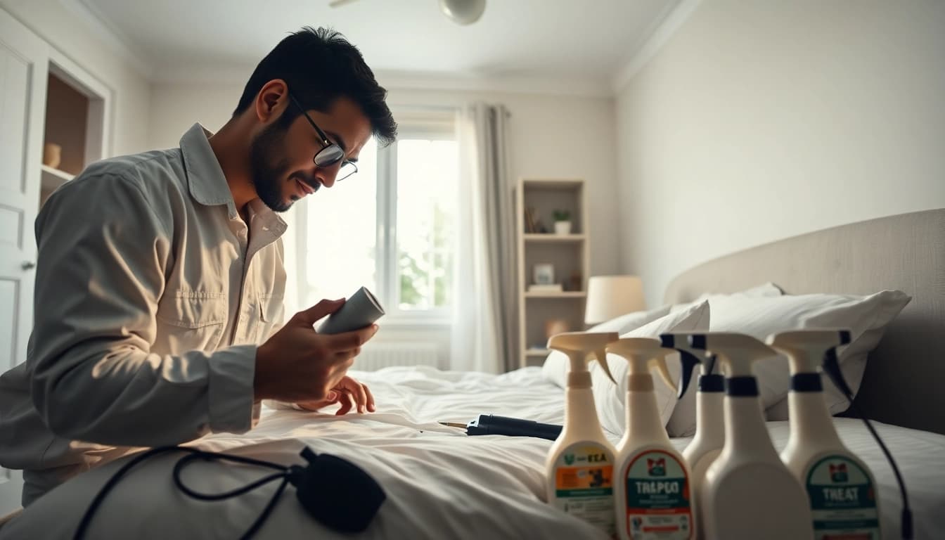 Inspecting bed bug services near me in a well-lit bedroom environment.