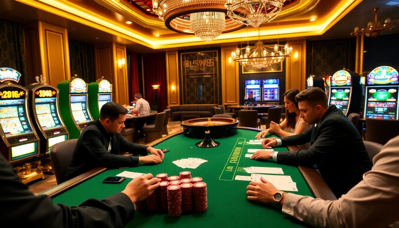 Engaged players at a high-stakes poker table at 555win com, surrounded by luxurious casino elements.