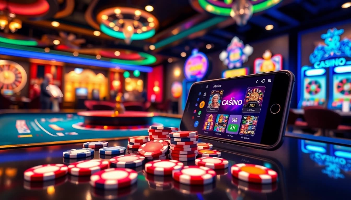 A dynamic gambling scene with S8 Casino app, showcasing vibrant games and poker chips for exciting online play.