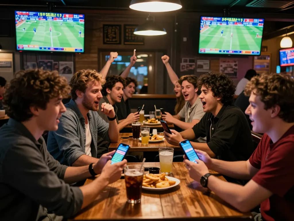 Excited patrons engaging in sports betting at 58win, mobile apps displayed on smartphones amidst a lively atmosphere.