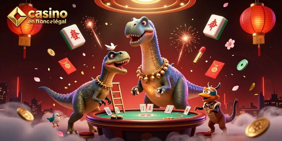 Illustration dynamique de casino en ligne France légal avec brontosaurus et croupier raptor
