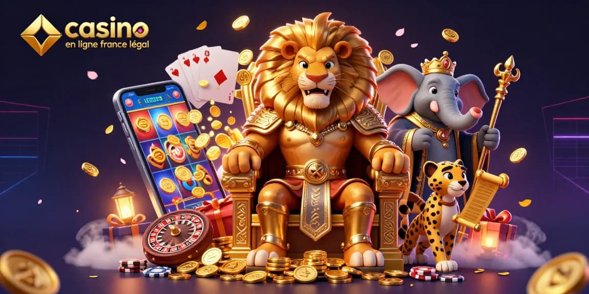 Jouer sur un casino en ligne France légal avec une scène colorée d'animations de jeux et de personnages dynamiques.