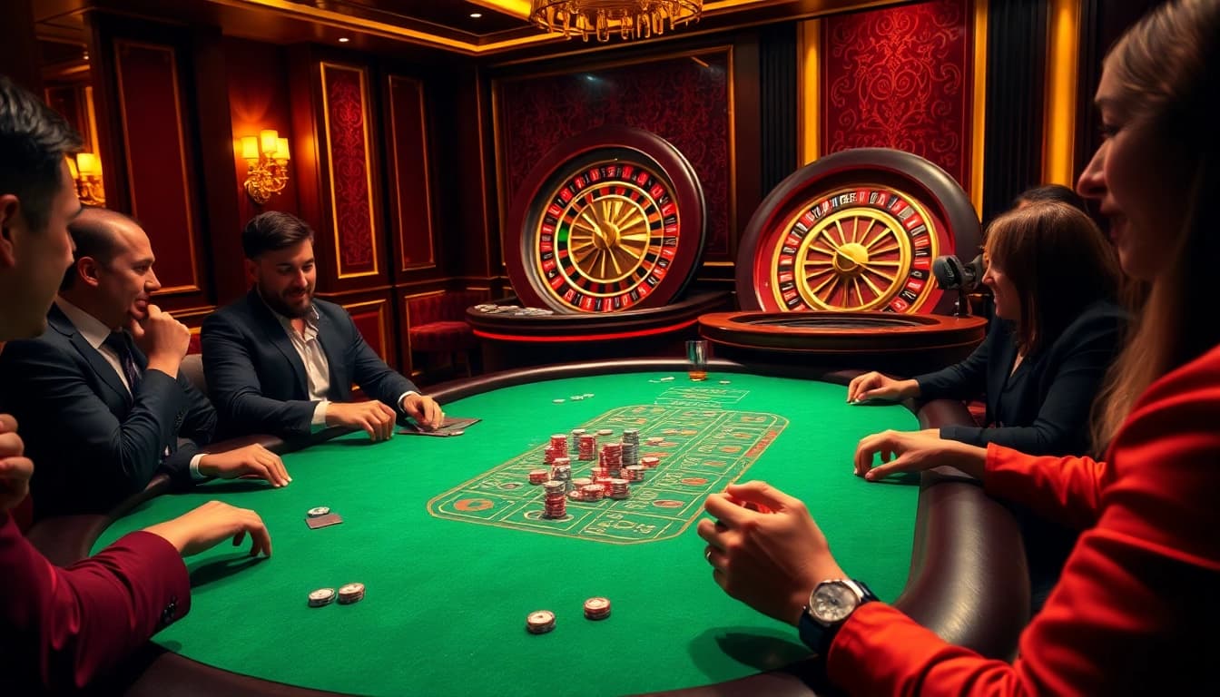 Người chơi lên chiến lược tại bàn blackjack trong một casino sang trọng, nhấn mạnh sự phấn khích của cg 79 cá cược.