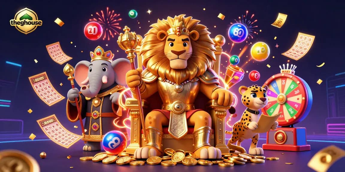 Engage with thegbhouse's vibrant 3D scene featuring a lion king, elephant advisor, and cheetah messenger amid dynamic gaming elements.