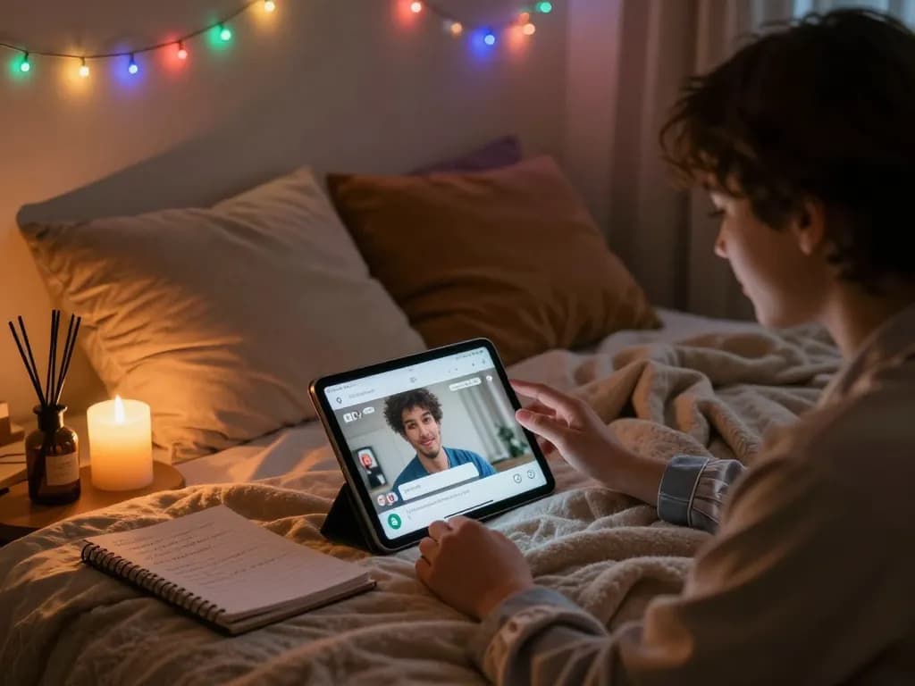 Engaging in ai chat porn with a cozy bedroom setup, showcasing intimate AI interaction and comforts.