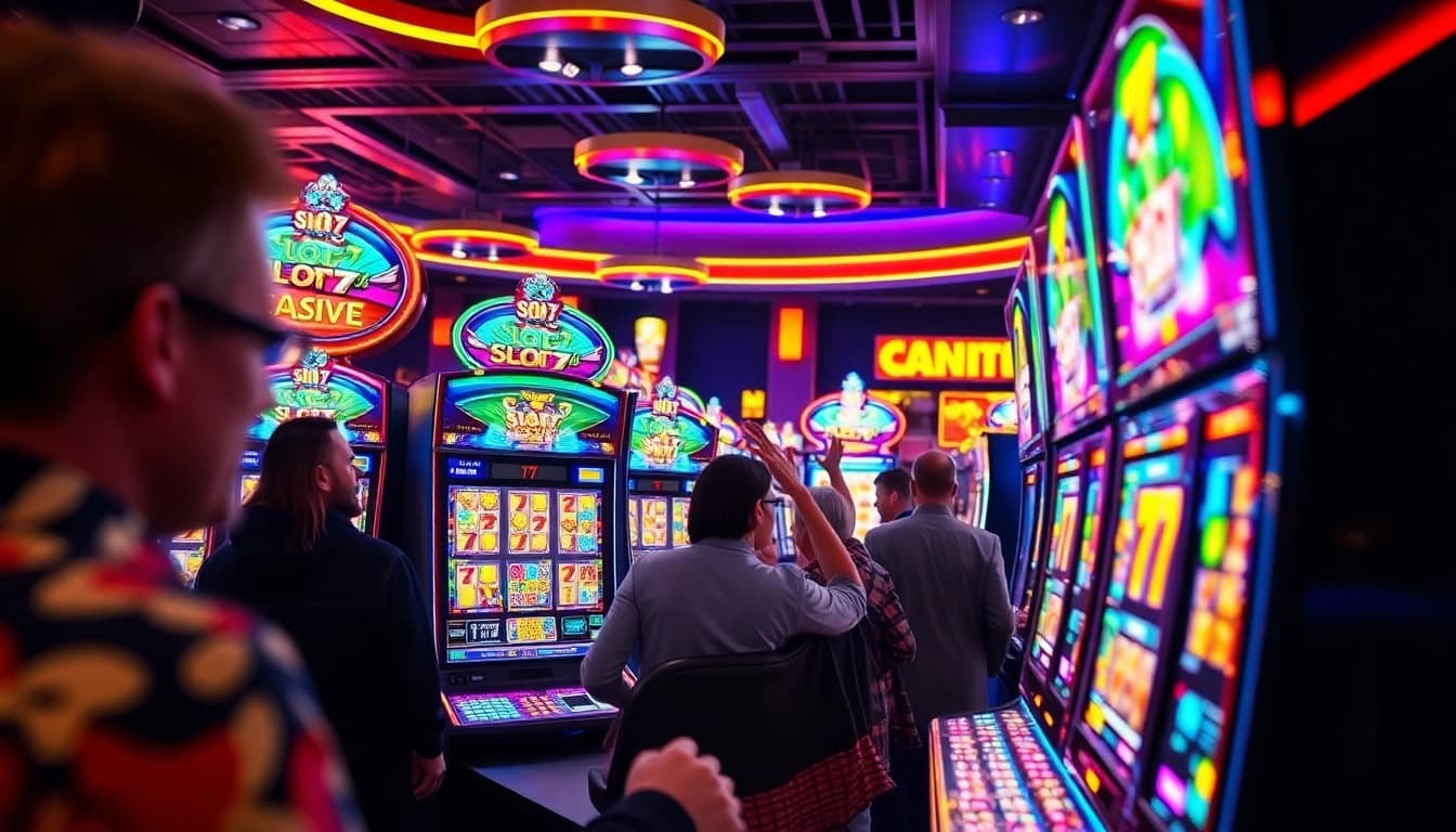 Menggunakan Slot77 pada mesin slot yang penuh warna dan menarik dalam suasana kasino yang hidup.