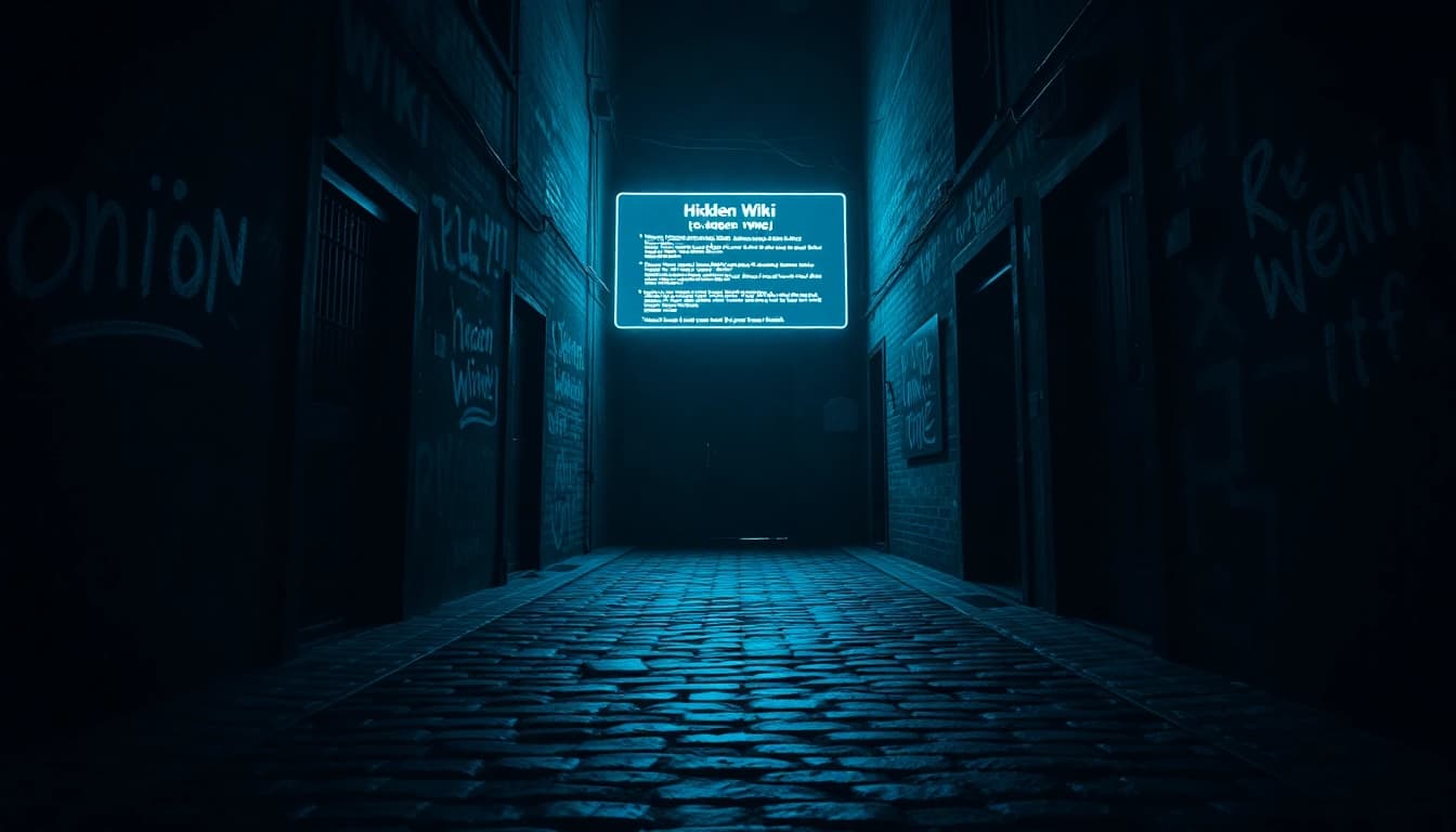 Hidden Wiki dark web scene showcasing a mysterious alley with .onion URLs and cyberpunk elements.