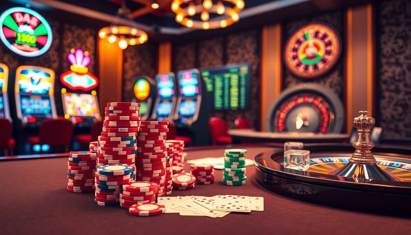 Scène engageante de casino en ligne argent réel France avec des jetons de poker vibrants et des machines à sous animées.