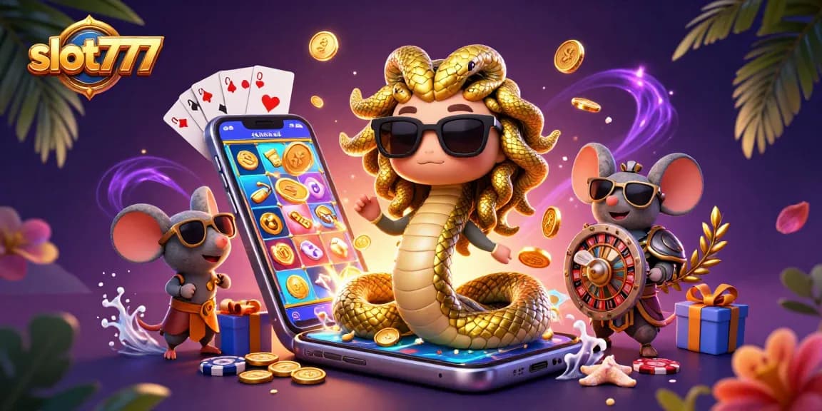Menggoda kemenangan di slot777 dengan Medusa dan karakter imut dalam permainan kasino yang meriah.