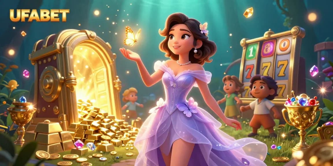 Experience the thrill of UFABET with vibrant slot games and golden treasures in this captivating illustration.