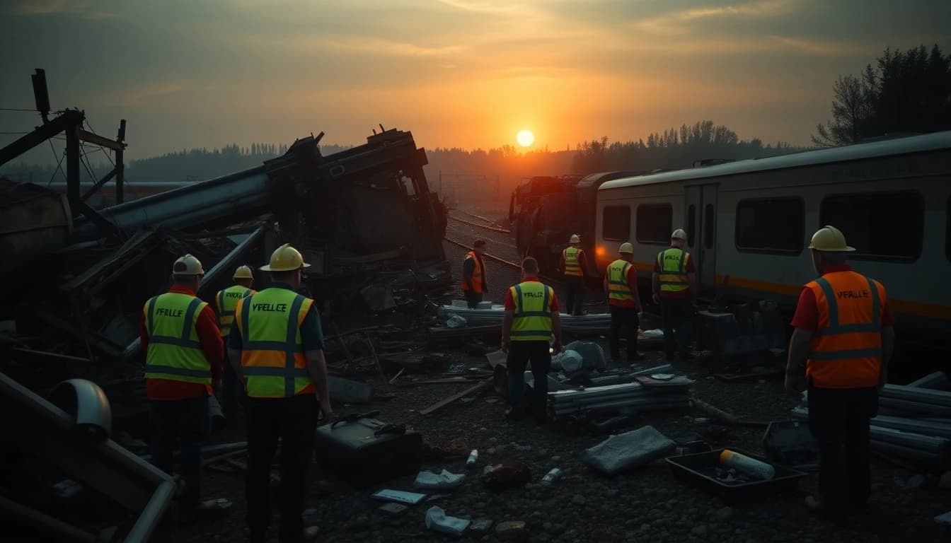 First responders at the scene of the spain train crash, showcasing urgent rescue efforts amid wreckage.