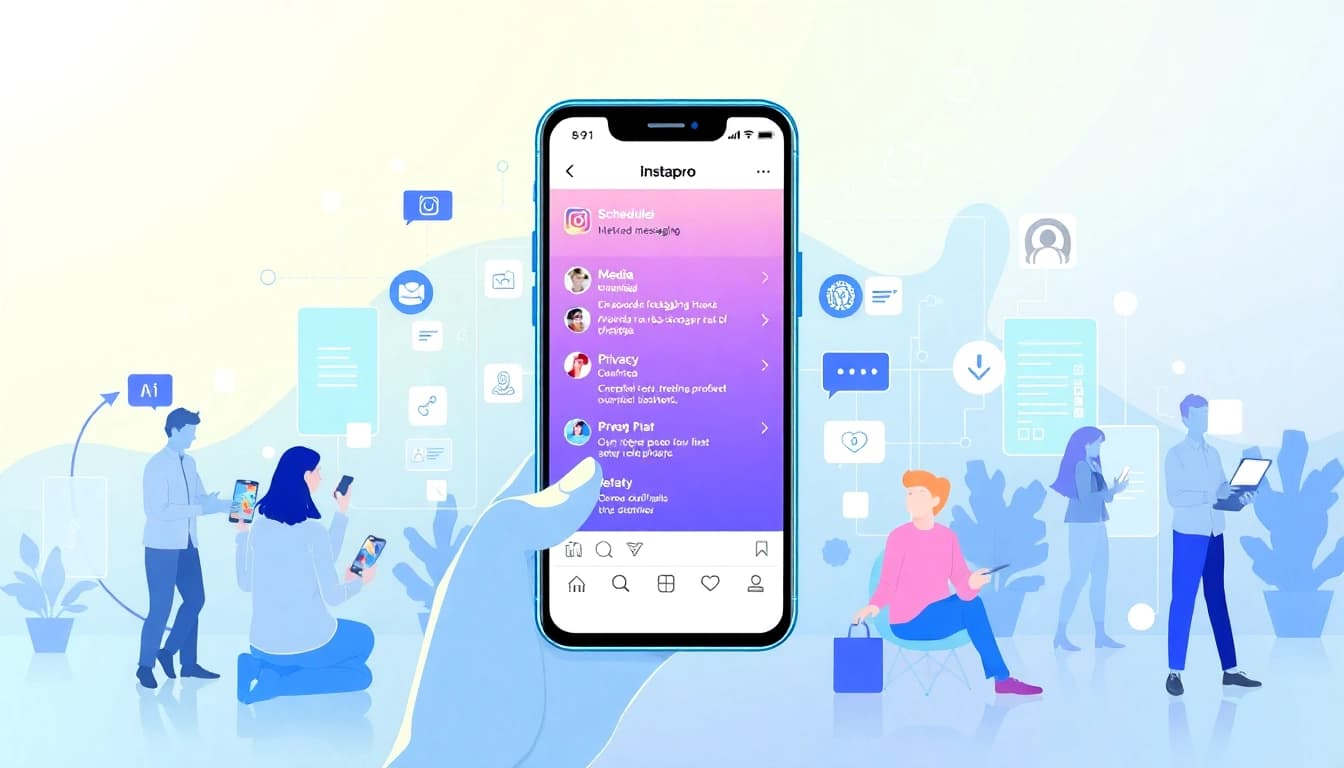 Discover advanced features of Instapro APK with an interactive user interface design showcasing media download and privacy options.