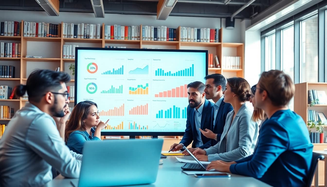 Analyze SEO performance metrics in a collaborative office setting with marketing professionals.