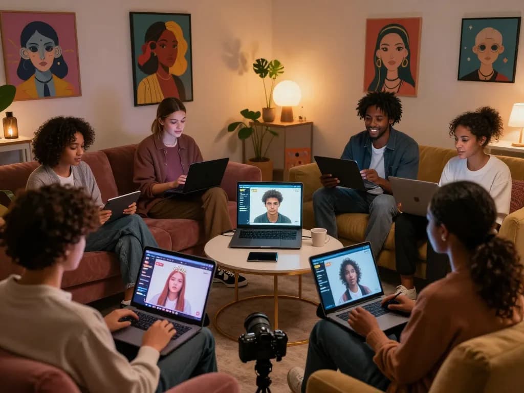 AI chat porn scene with diverse characters in digital lounge engaging in NSFW conversations.