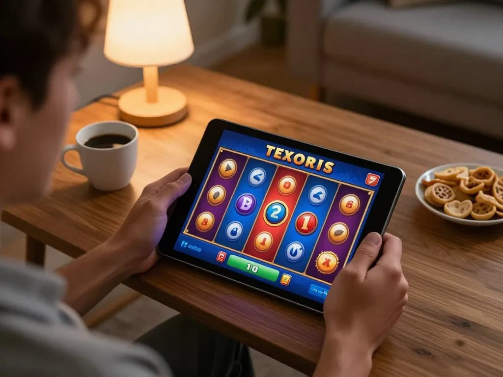 Engaging in online slot gaming on a tablet, showcasing vibrant reels and immersive gameplay