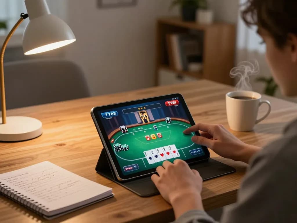 Engaging scene of a player using TT88 app on a tablet during an online poker game, showcasing strategic betting and comfortable atmosphere.