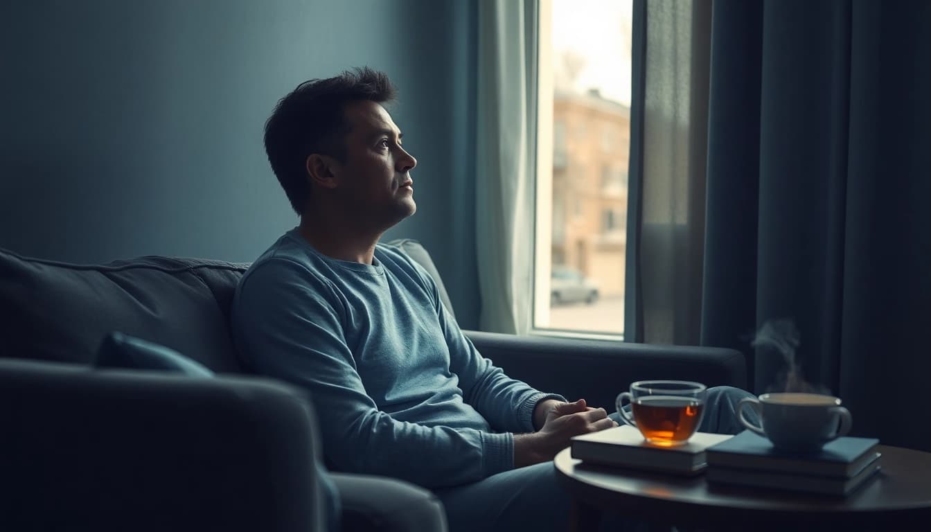Person experiencing depression symptoms in a serene setting with soft lighting.