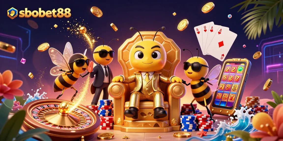 Bet big with sbobet88 at an exciting sports betting scene packed with animated characters and vibrant casino elements.