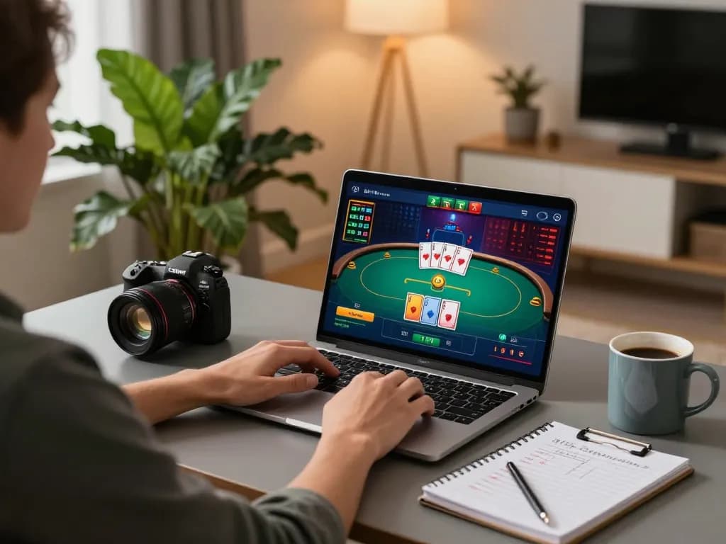 Player strategizing poker moves while using 888top in a modern home office setting.