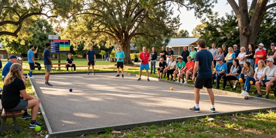 Permainan petanque oleh komunitas di fopikotatomohon.org, menampilkan pemain yang ceria dan suasana yang hangat.
