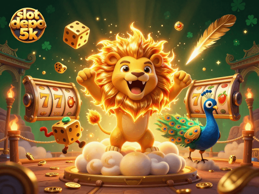 Experience slot depo 5k with a roaring sun lion, golden dice, and vibrant casino elements.