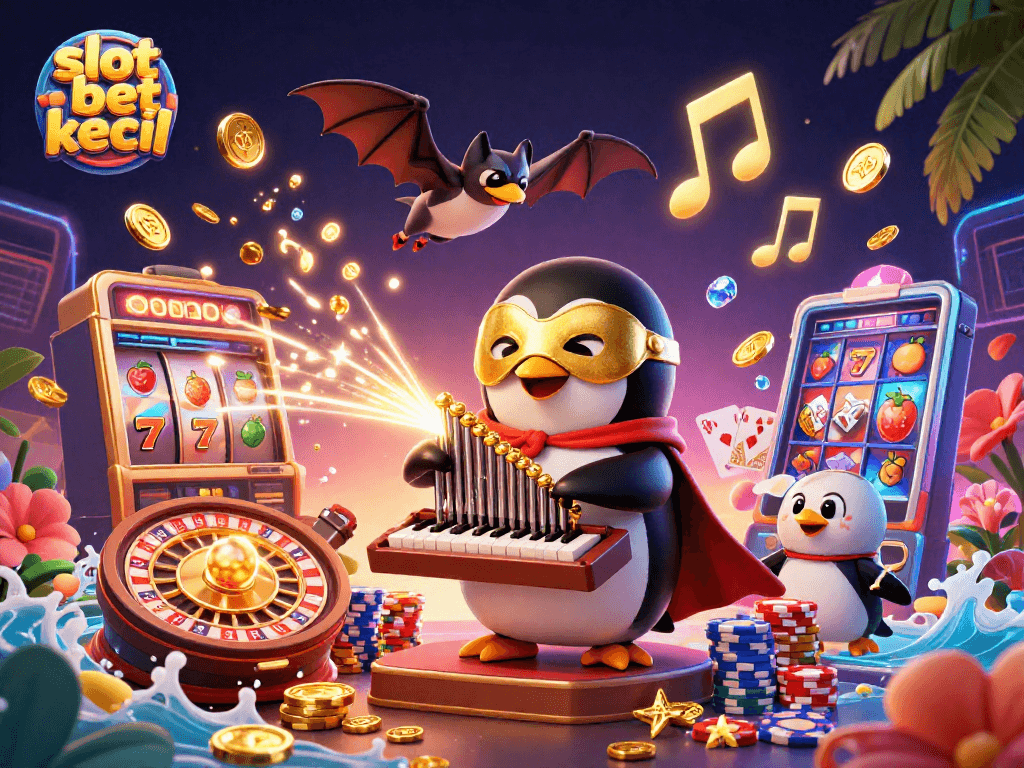 Slot bet kecil yang menampilkan karakter penguin memainkan organ dan koin emas berterbangan dalam suasana kasino.