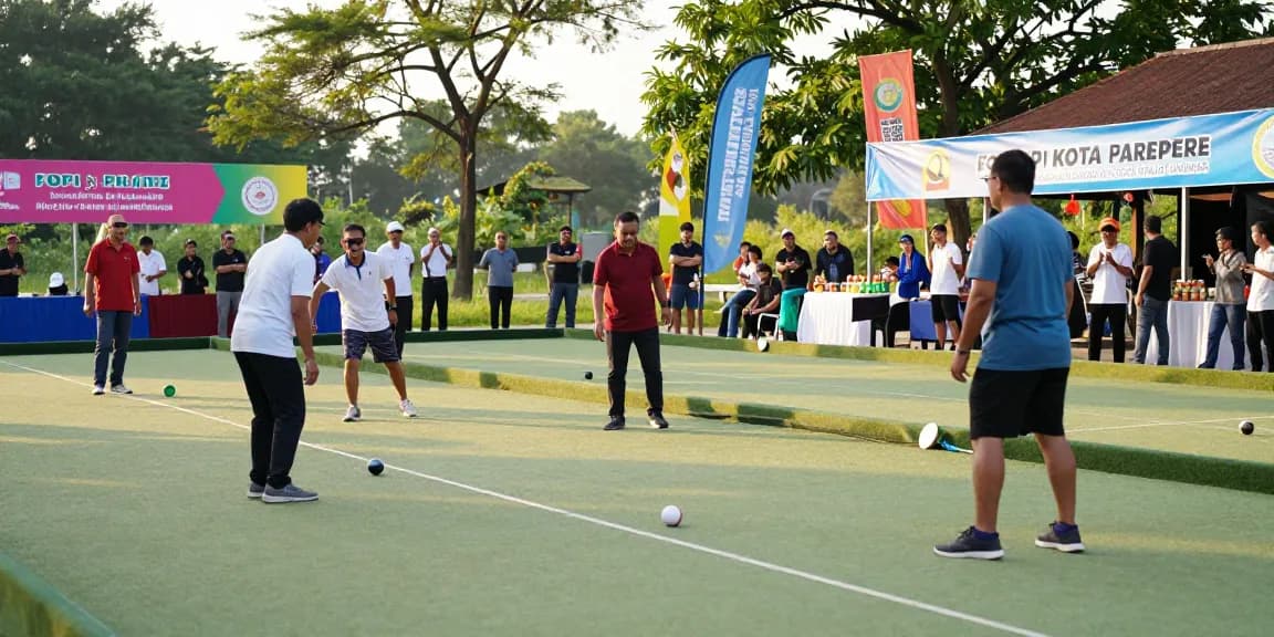 Aktivitas petanque di lapangan FOPI Kota Parepare, berbagai usia bermain dengan semangat, suasana ceria dan ramah.