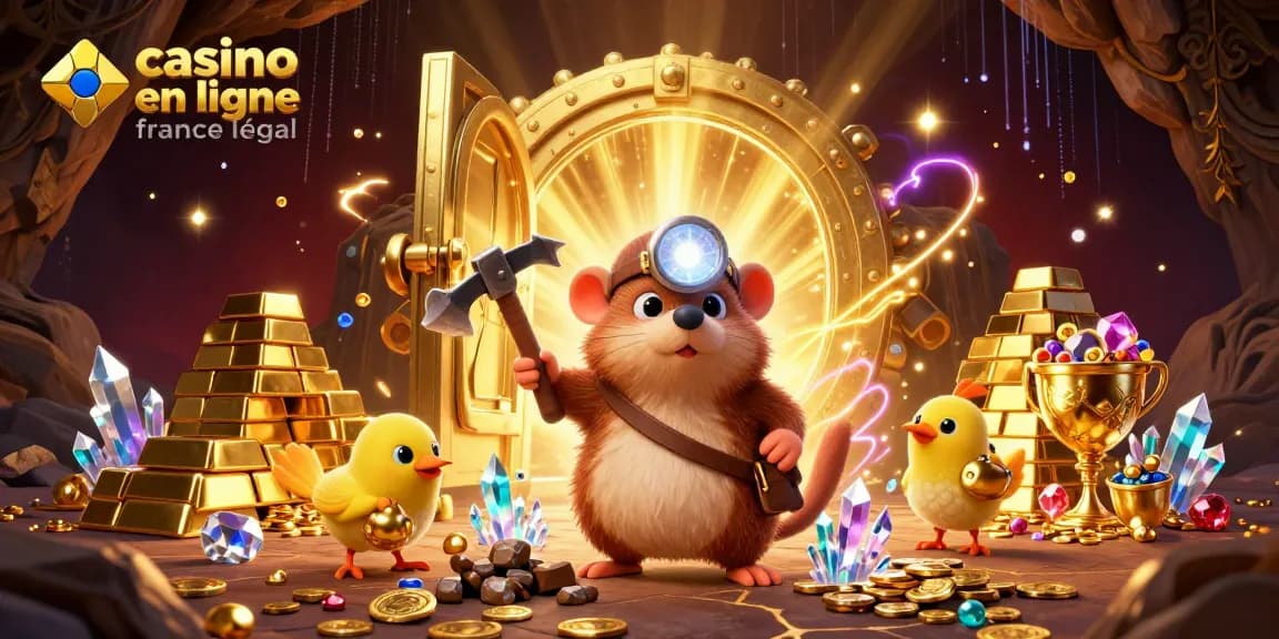 Jouez sur un casino en ligne France légal avec cette illustration captivante d'un rat des sables cherchant des trésors.