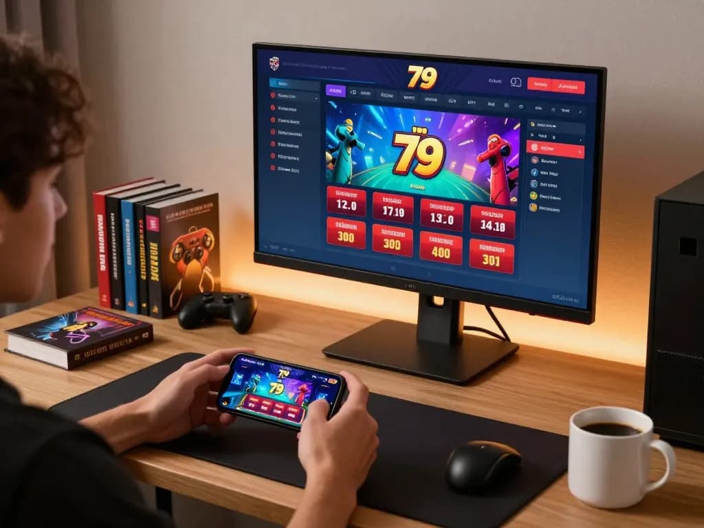 Enjoying fun79 online casino gaming with live dealer on a sleek setup at home.